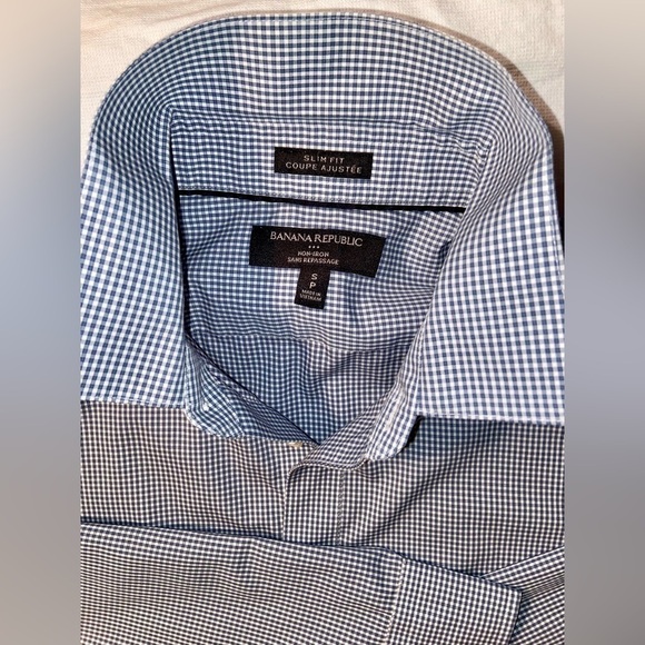 2/60$ Men’s Banana Republic white&blue checks slim fit non‎ iron shirt Sz small - Picture 3 of 10